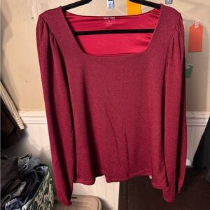 Nine West Wine Square Neck Ribbed Long Sleeve Top